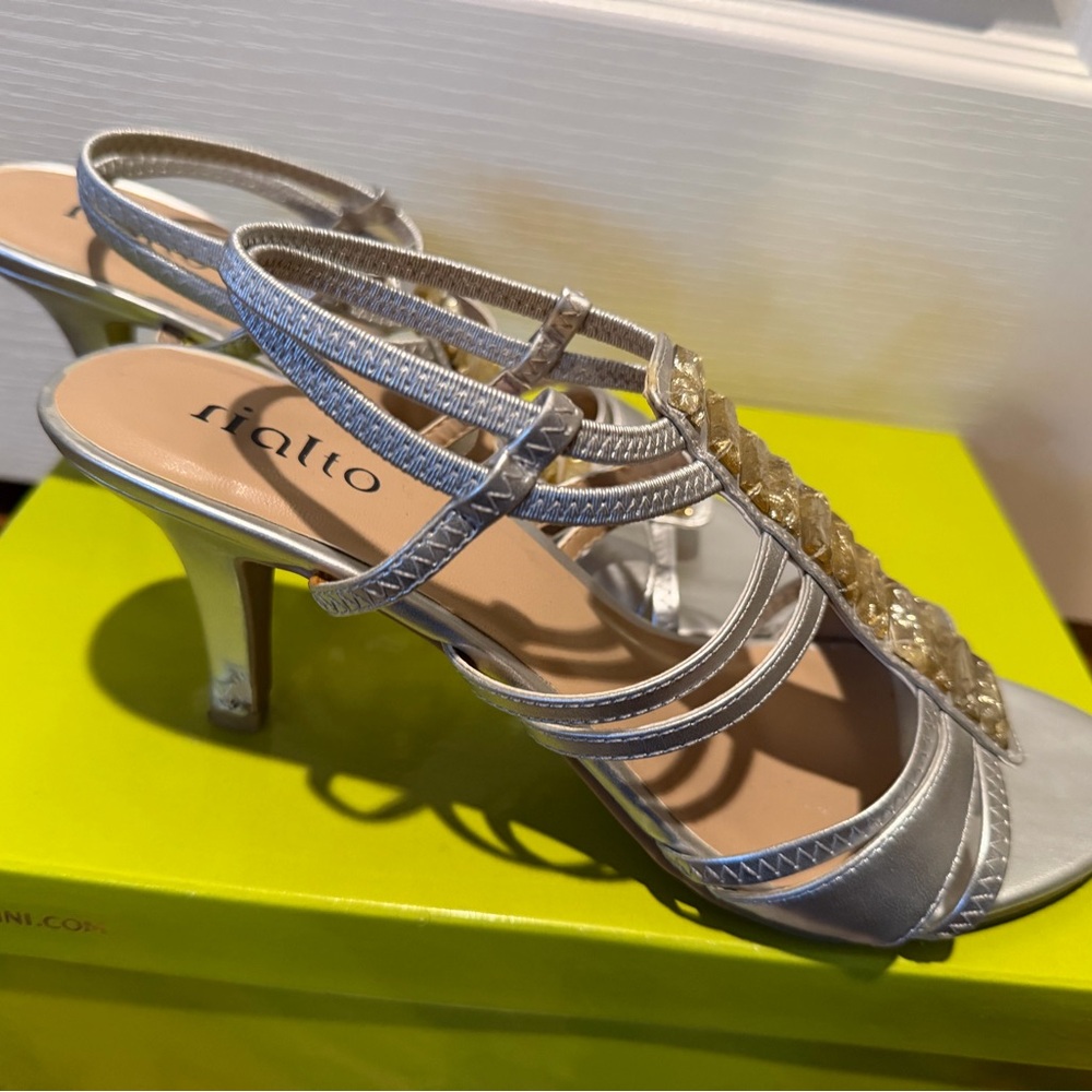 Rialto Metallic Silver Strappy Slingback Heels with Gem Trim